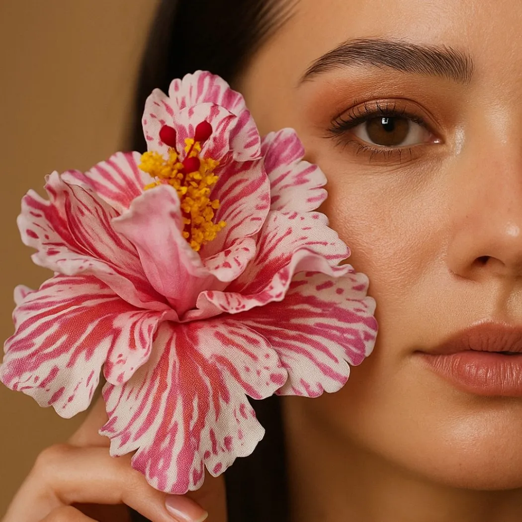 A handmade ruffled hibiscus flower among tropical greenery